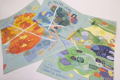 Cartographie sensible ✺ Nanterre &amp; Colombes : ☞ Dans le cadre du C.L.E.A (Contrat Local d&rsquo;&Eacute;ducation Artistique), nous sommes intervenus durant 8 mois sur les territoires de Nanterre et Colombes pour mener un projet autour de la thématique des territoires en mutation. Apr&egrave;s un premier projet &ldquo;Fabul&rdquo; men&eacute; en 2020-2021, notre collectif a poursuivi son travail d&rsquo;ancrage sur ces deux territoires autour d&rsquo;un nouveau projet sur la fa&ccedil;on de se d&eacute;placer dans son quartier, d&rsquo;identifier des espaces, de dessiner des parcours et de fabuler la ville.&nbsp;
&rarr; Cet usage du territoire s&rsquo;est dessin&eacute; sous deux axes diff&eacute;rents : la fabrication de panneaux de signal&eacute;tique (des contenus jusqu&rsquo;aux formes) ainsi que la r&eacute;alisation d'une cartographie sensible de 3 quartiers investis. &nbsp;Ce projet s&rsquo;est d&eacute;coup&eacute; en 3 grandes phases : un premier temps de rencontres et de pr&eacute;paration, un deuxi&egrave;me temps de conception et d&rsquo;ateliers-chantiers participatifs et un troisi&egrave;me temps de restitution de l&rsquo;ensemble du projet.&nbsp;
Les habitant&middot;es ont &eacute;t&eacute; convi&eacute;.es &agrave; designer des espaces et/ou s&rsquo;en inspirer pour cr&eacute;er des parcours, suivant une narration invent&eacute;e, puis elles et ils ont imagin&eacute; leurs formes dans une logique de cr&eacute;ation visuelle coh&eacute;rente. L&rsquo;ensemble de ces formes ont permis la r&eacute;alisation de parcours de signal&eacute;tique et d&rsquo;une cartographie qui, &agrave; sa fa&ccedil;on, donne une nouvelle lecture des coins et recoins de la ville gr&acirc;ce aux multiples t&eacute;moignages r&eacute;colt&eacute;s.
Notre collectif a par la suite con&ccedil;u une cartographie sensible en s'appuyant sur toutes les r&eacute;coltes graphiques et textuelles des habitant&middot;es.
◼︎ Informations Techniques ◼︎
Impression de 1000 exemplaires ⎮Impression Offset (recto/verso)&nbsp;
&nbsp;